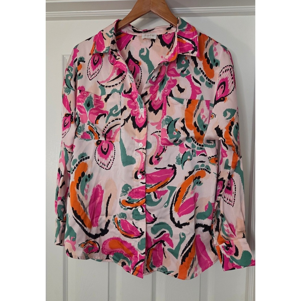 Fate Womens Abstract Paisley Ikat Print Button Down Blouse Pink Orange Small